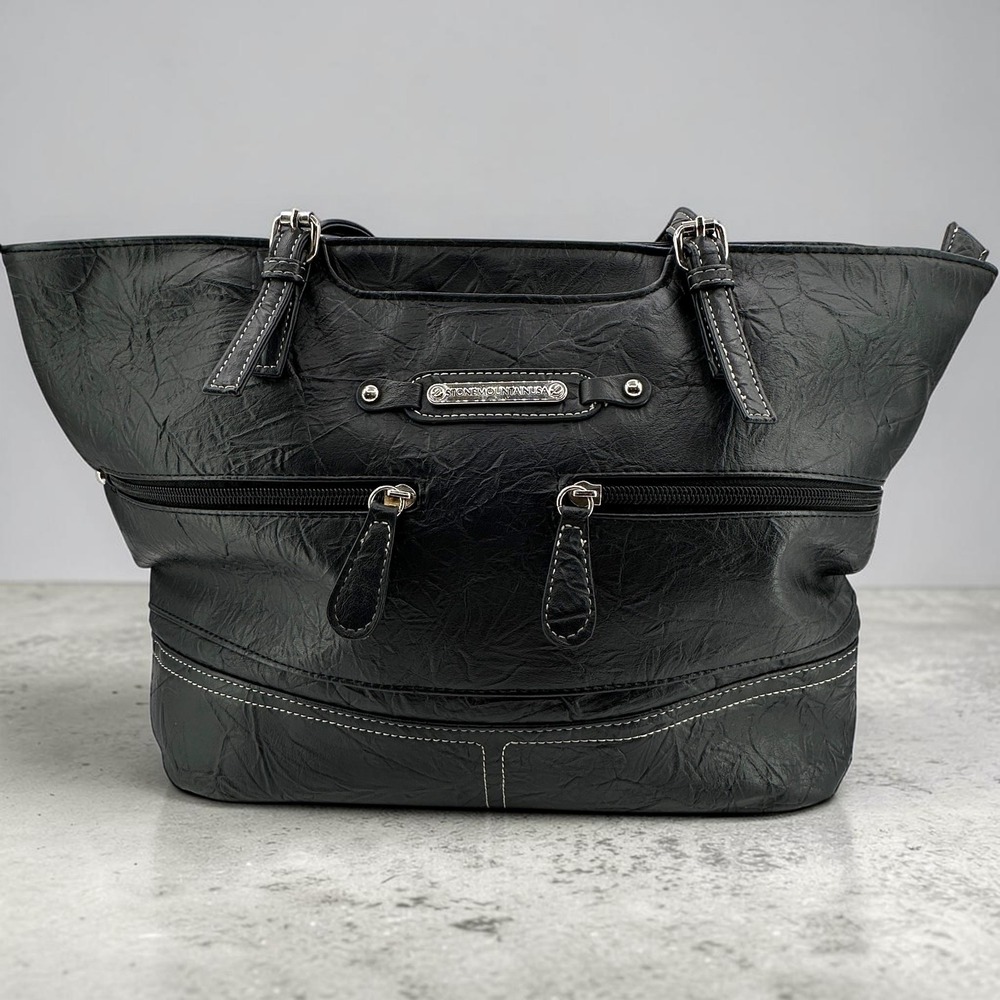 Stone Mountain Tote Bag Womens Black Talia Leather Blend Zip Stitch Accent Lined